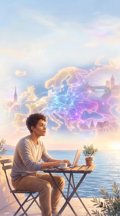 A remote worker at a seaside terrace, looking out at a glowing map of Europe