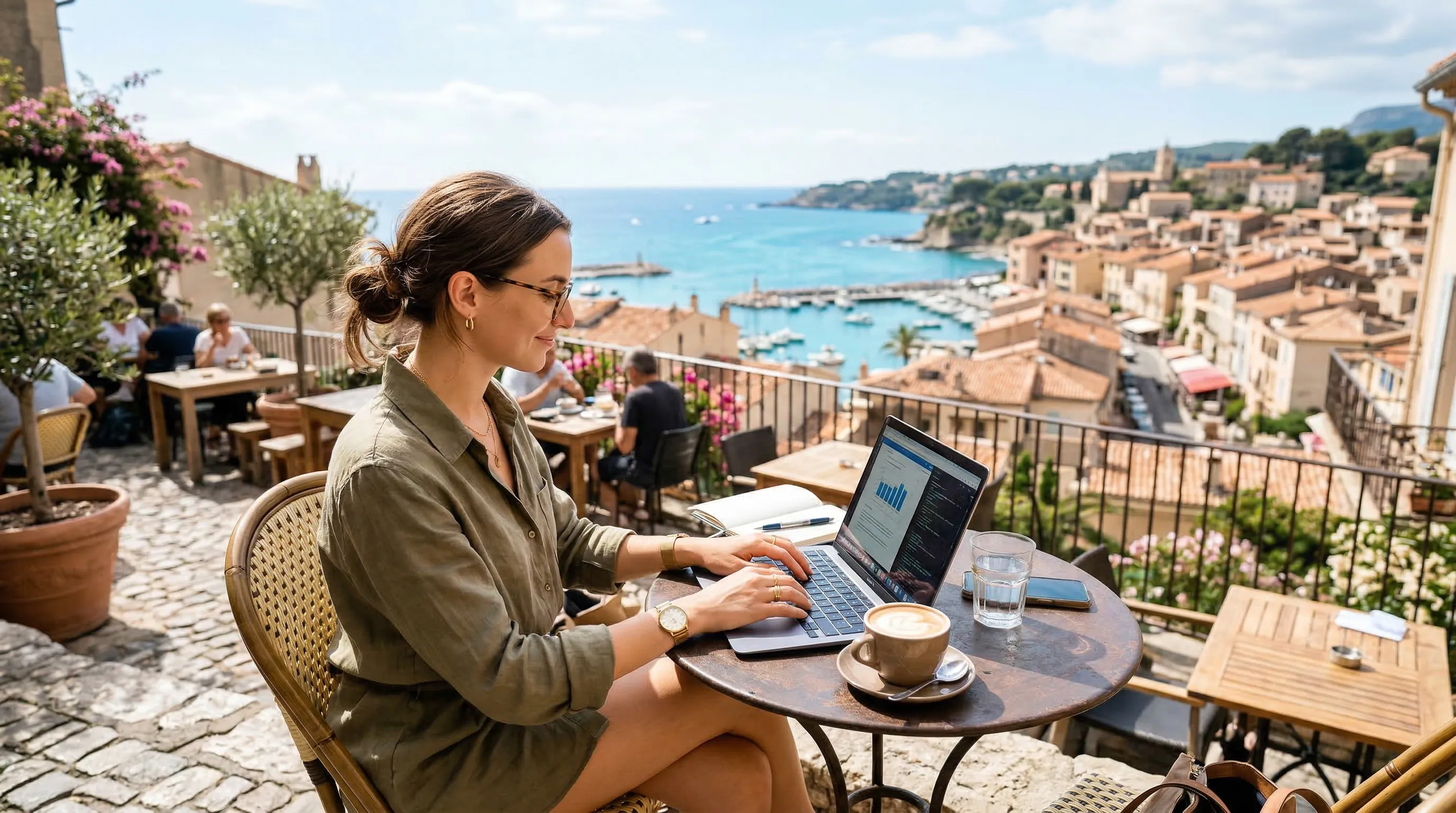 Remote worker enjoying a productive day at a European cafe