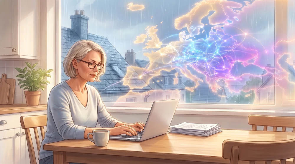 A woman working at her kitchen table on a rainy morning, a glowing map of Europe in the sky beyond the window