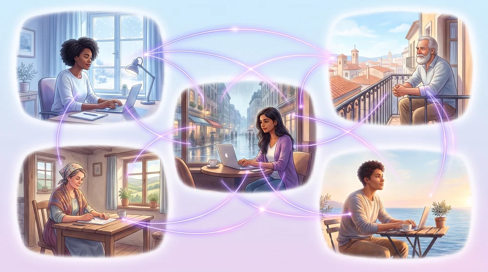 Five people working in five different European settings, linked to one another by glowing lines
