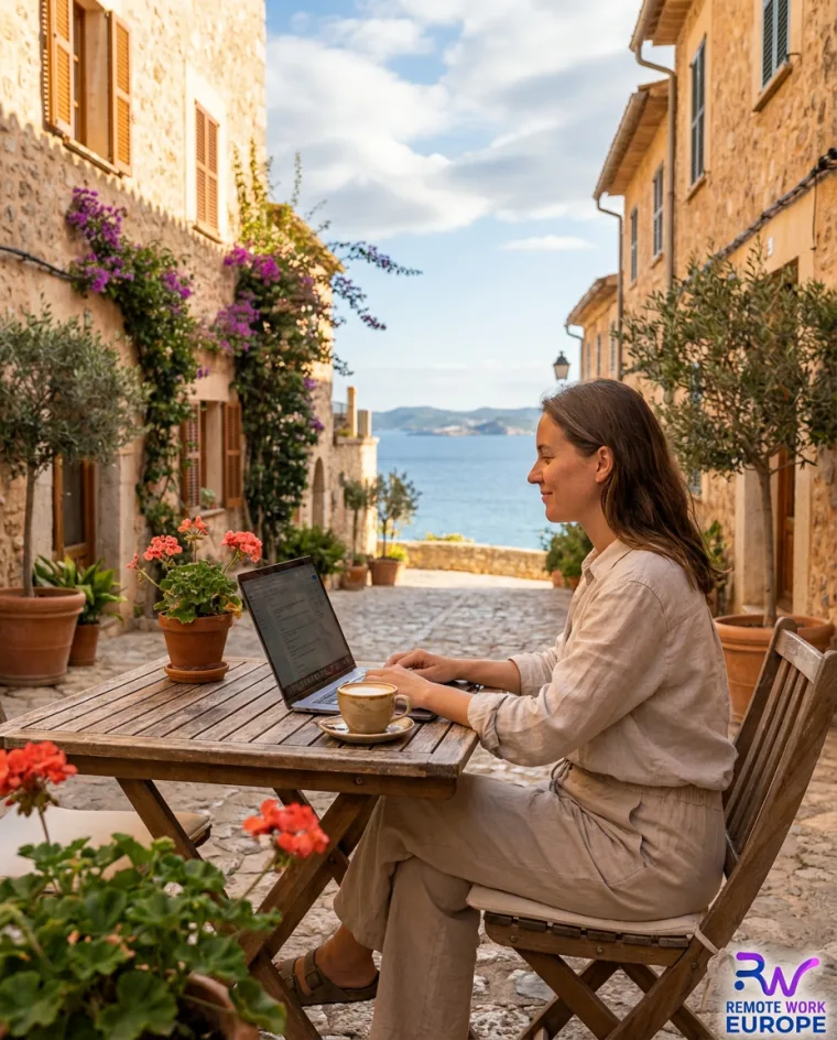 Remote worker at a laptop in a Mediterranean village harbour