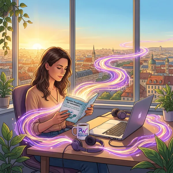 Remote work books and guides – reading by a European cityscape