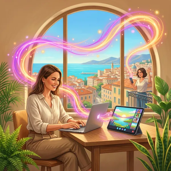 Finding clarity – remote worker planning their next move from a Mediterranean workspace