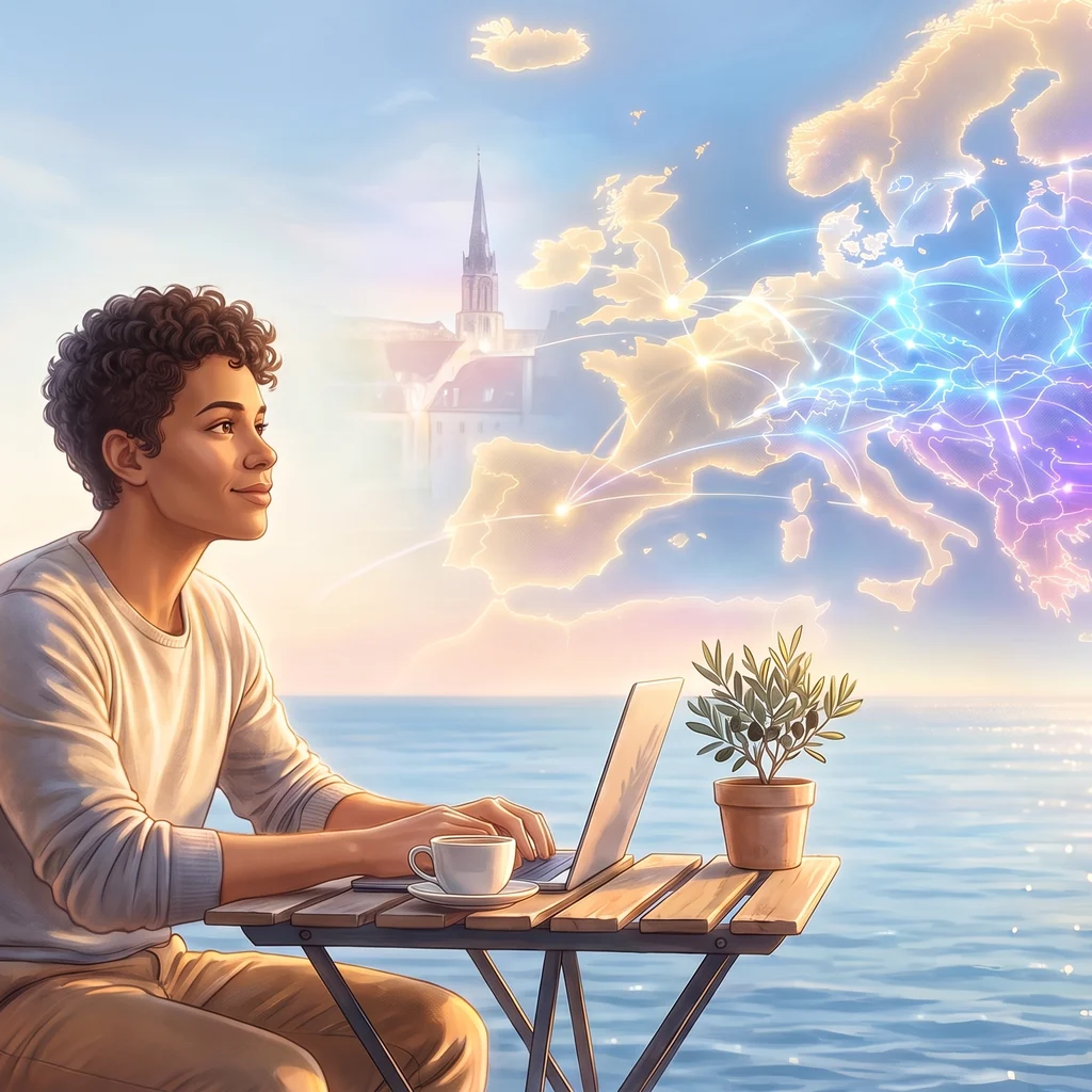 A remote worker at a seaside terrace, looking out at a glowing map of Europe