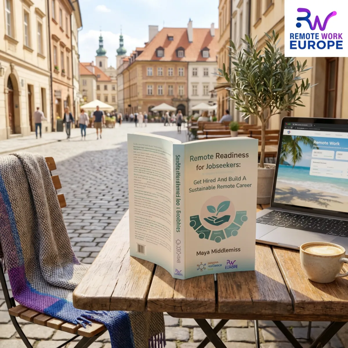 Remote Readiness for Jobseekers book on a cafe table in a European city