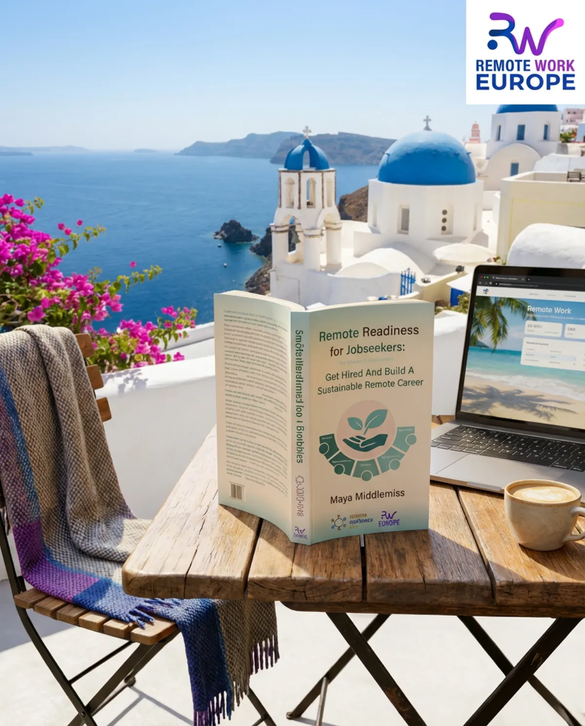 Remote Readiness book on a table overlooking Santorini, Greece