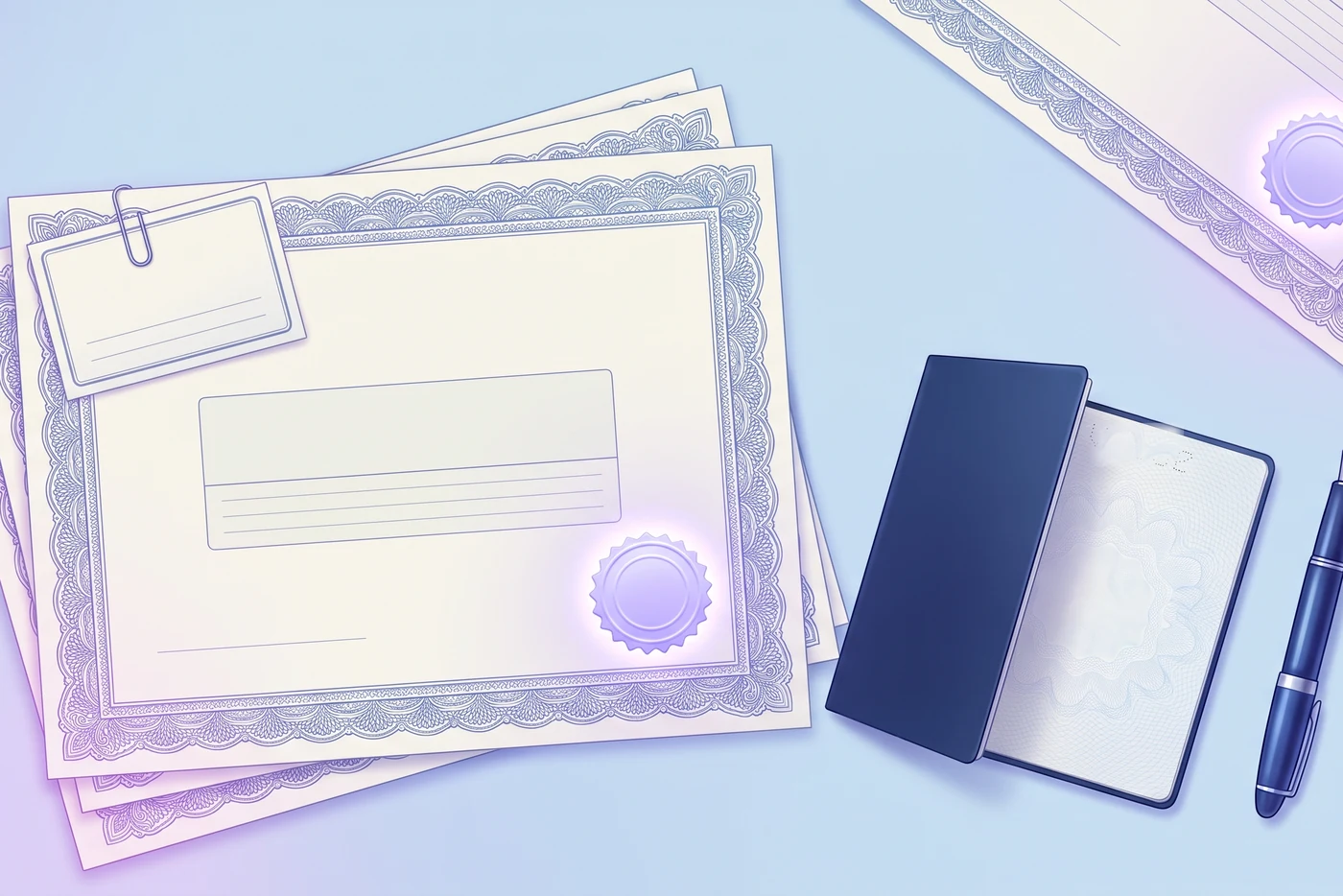 Official US documents with an apostille certificate attached, laid out on a desk alongside a passport
